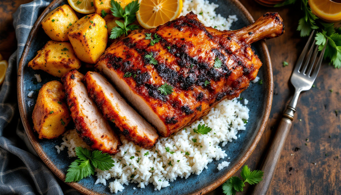 Cuban lechon asado, slow-roasted pork with crispy skin and mojo