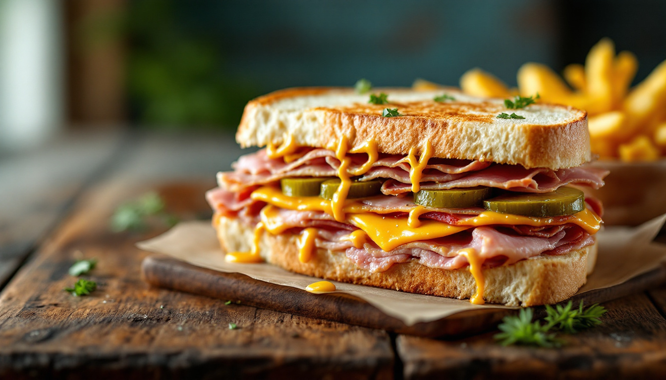 A pressed Cuban sandwich with roast pork, ham, Swiss cheese, pickles and mustard