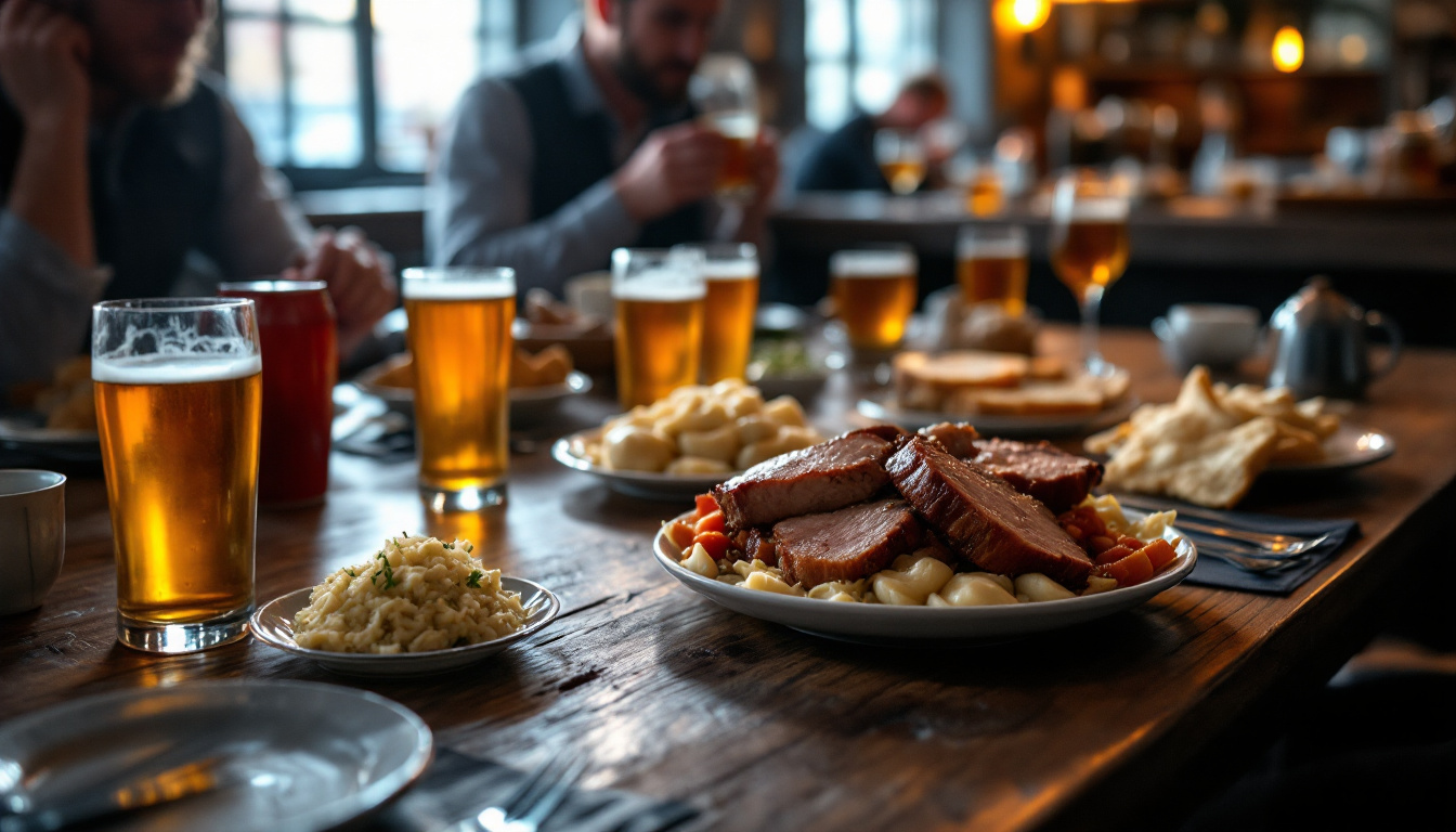 A traditional Czech beer hall with glasses of golden tank lager and plates of pork, dumplings and sauerkraut