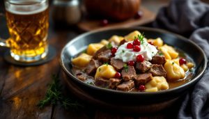 Best food to eat in the Czech Republic: svickova with bread dumplings and Czech lager