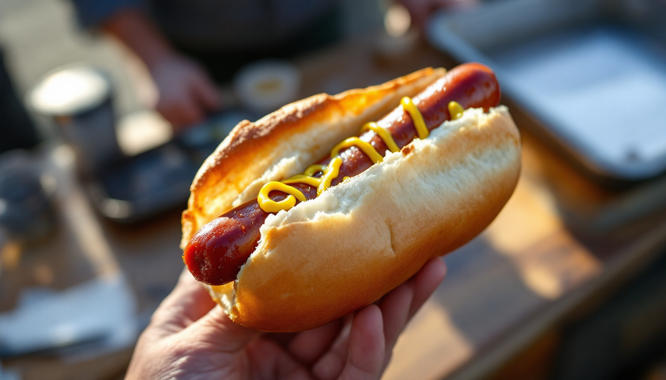 Párek v rohlíku, the Czech hot dog, a sausage pushed into a hollowed crusty roll with mustard