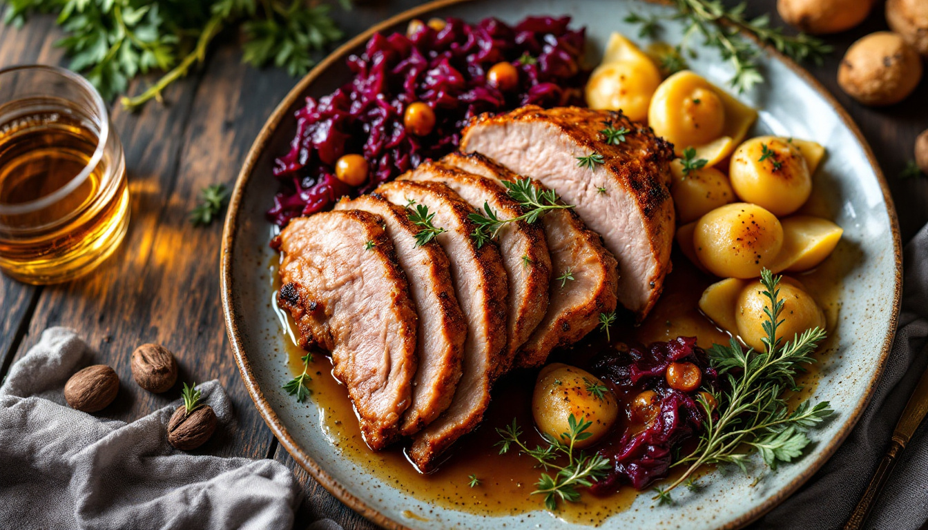Czech roast duck with crackling skin, bread dumplings and braised red cabbage