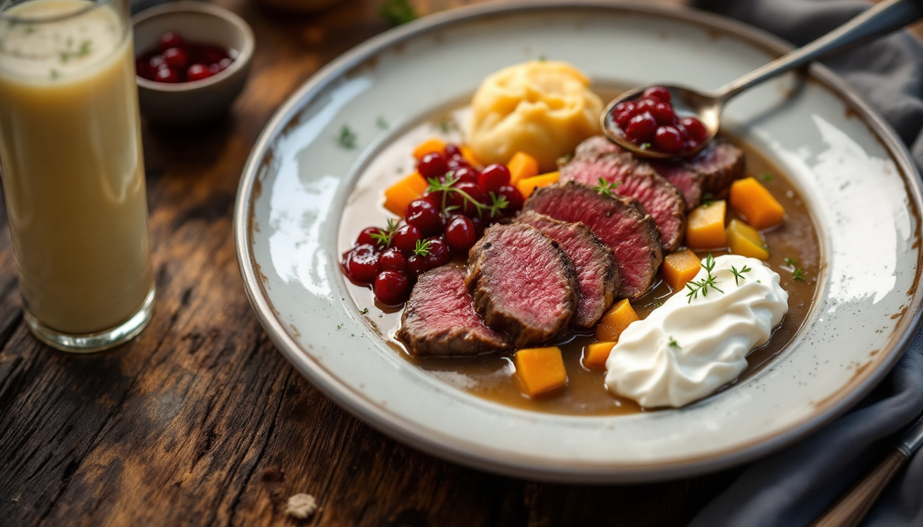 Czech svíčková na smetaně, sliced beef in creamy sauce with bread dumplings and cranberry
