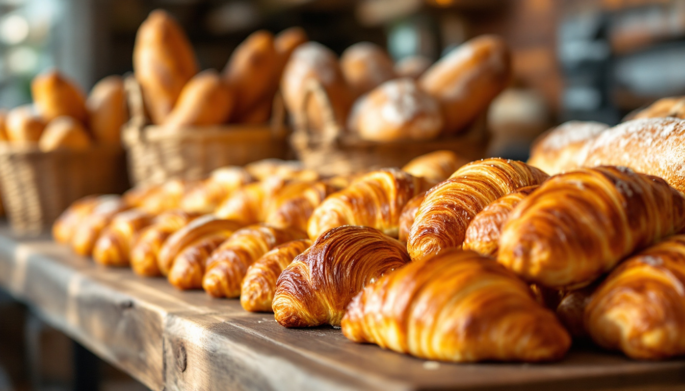 Rows of golden croissants and baguettes in a Paris boulangerie at morning