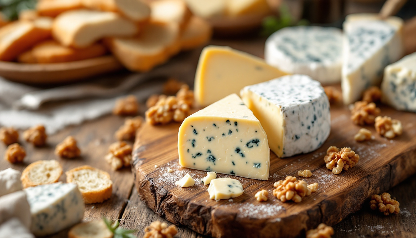 French cheese board with Comte, Brie, Roquefort and Camembert with baguette