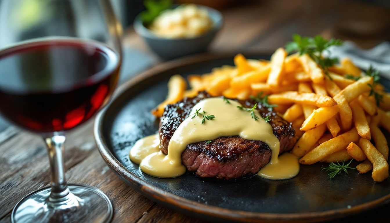 French steak frites with bearnaise sauce, golden hand-cut fries and a glass of red wine