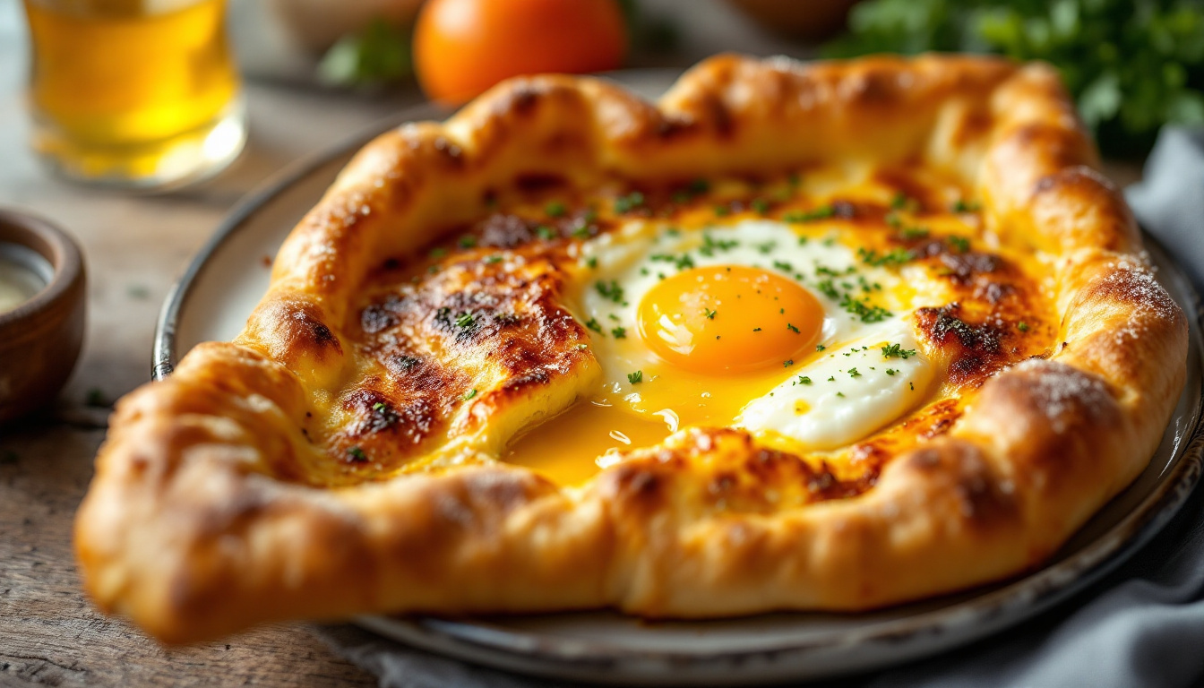 Adjaruli khachapuri, Georgian boat-shaped cheese bread with a runny egg and butter