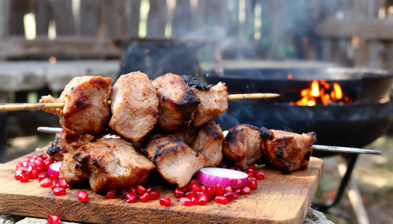 Georgian mtsvadi grilled meat skewers