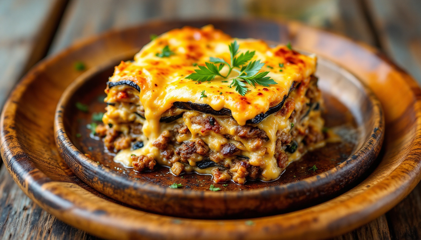 Slice of Greek moussaka with layers of eggplant, spiced lamb and golden bechamel
