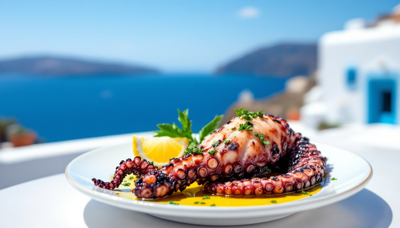 Charred grilled octopus on a plate with lemon, olive oil and oregano, blue Aegean sea behind