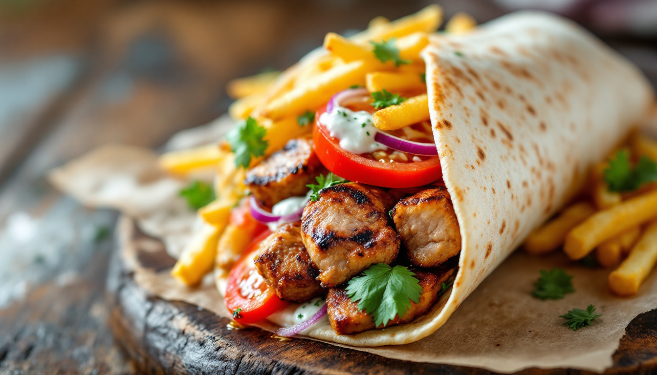 Greek souvlaki pita with grilled pork, tomato, onion, tzatziki and fries wrapped in warm pita