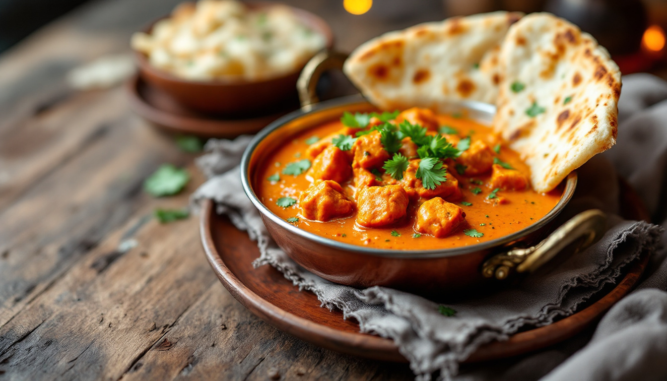 Indian butter chicken in a copper bowl with naan bread and cilantro