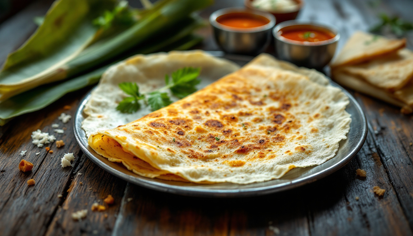 Crispy golden masala dosa on a steel plate with sambar and coconut chutney