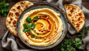 Warm hummus, the best food to eat in Israel: chickpea puree with olive oil, paprika and pita