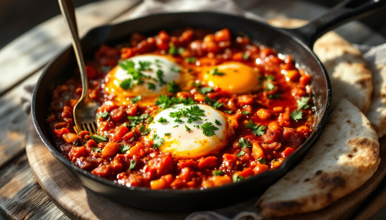 Shakshuka, eggs poached in spiced tomato and pepper sauce in a cast-iron pan