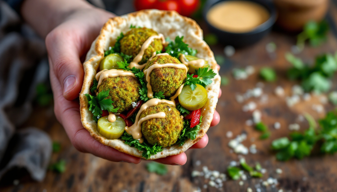 Israeli falafel pita stuffed with chickpea balls, salad, pickles and tahini