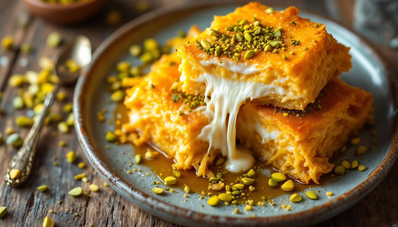 Knafeh, warm cheese pastry soaked in syrup and topped with pistachio
