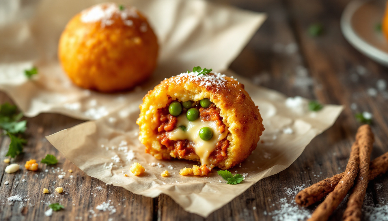 Sicilian arancini, golden fried rice balls, cut open to show ragu and melting cheese