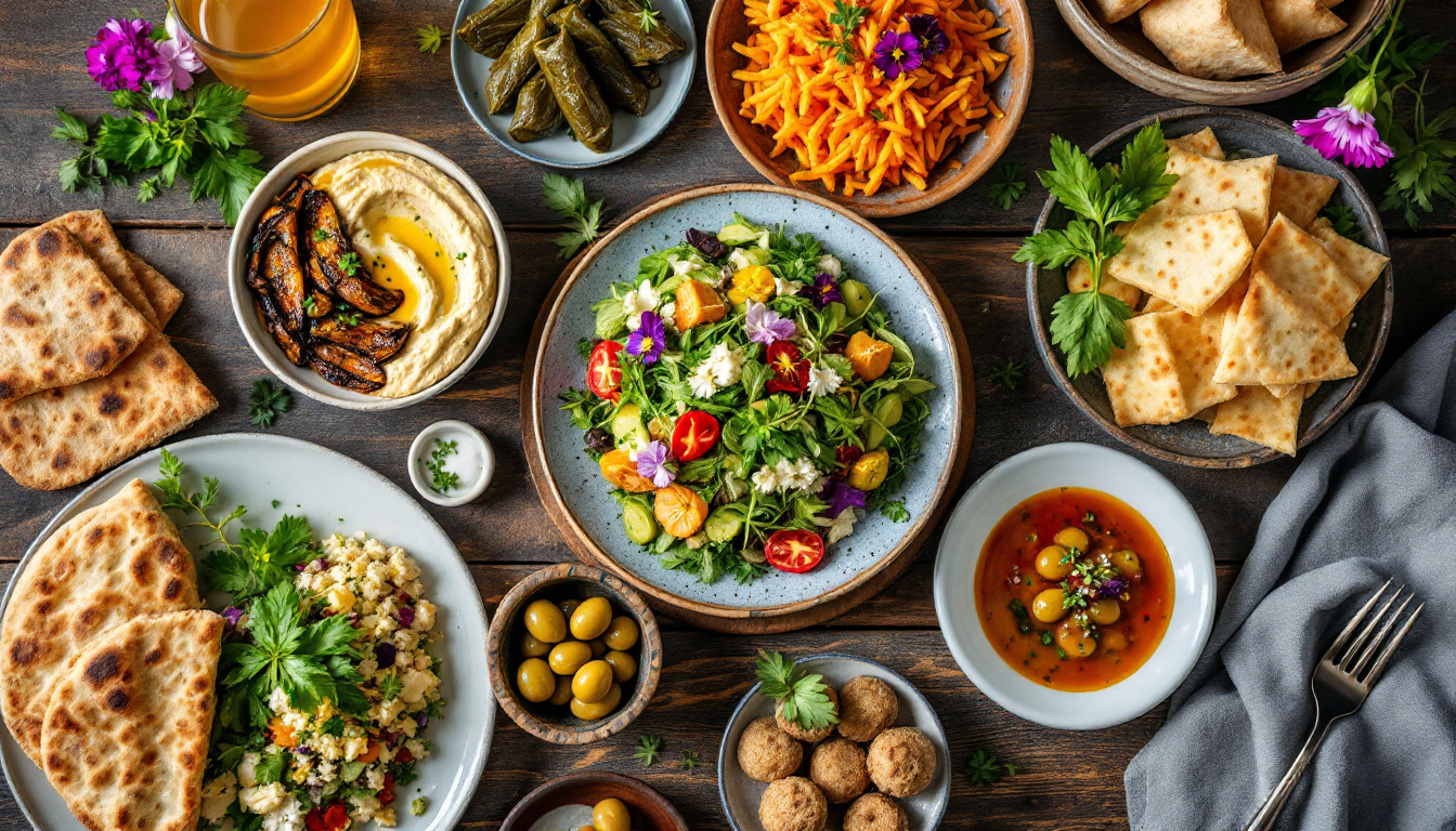 A Levantine mezze spread of hummus, mutabbal, tabbouleh and stuffed vine leaves