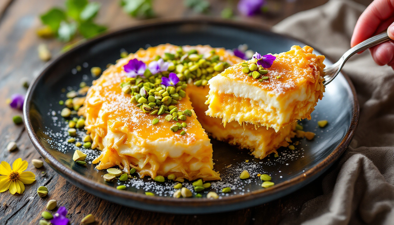 Knafeh, warm cheese pastry in syrup topped with pistachio