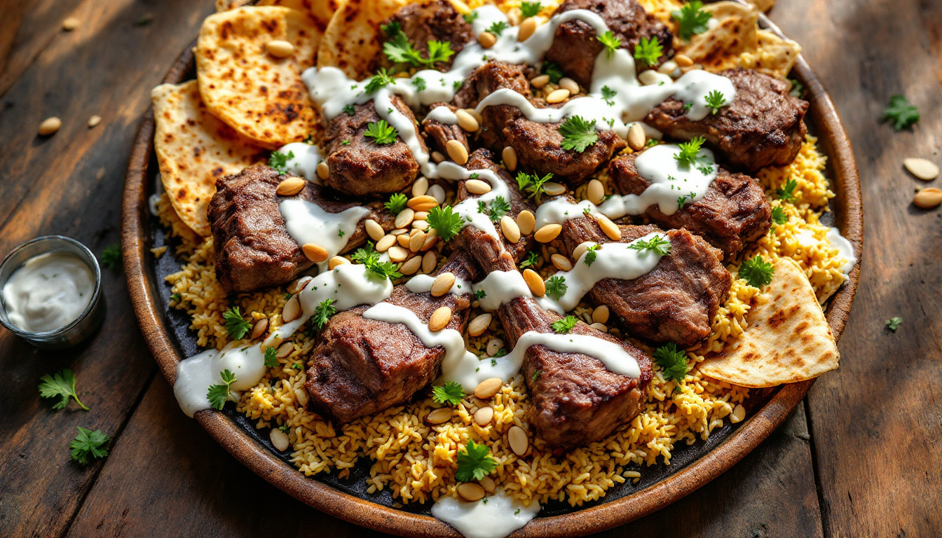 Jordanian mansaf, lamb in jameed yogurt over rice and shrak bread with almonds