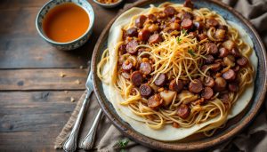 The best food to eat in Kazakhstan: beshbarmak, boiled meat over flat noodles with onions