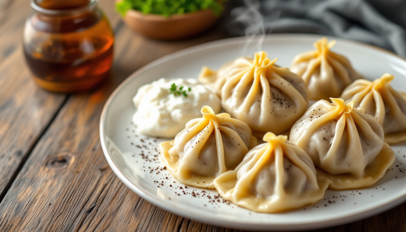 Manty, large steamed meat dumplings with sour cream