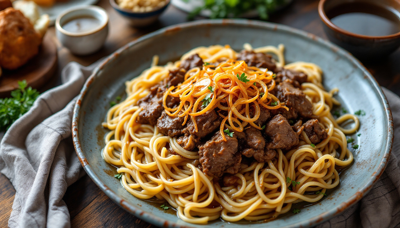 Kazakh beshbarmak, boiled meat over flat noodles with caramelized onions and a bowl of sorpa broth