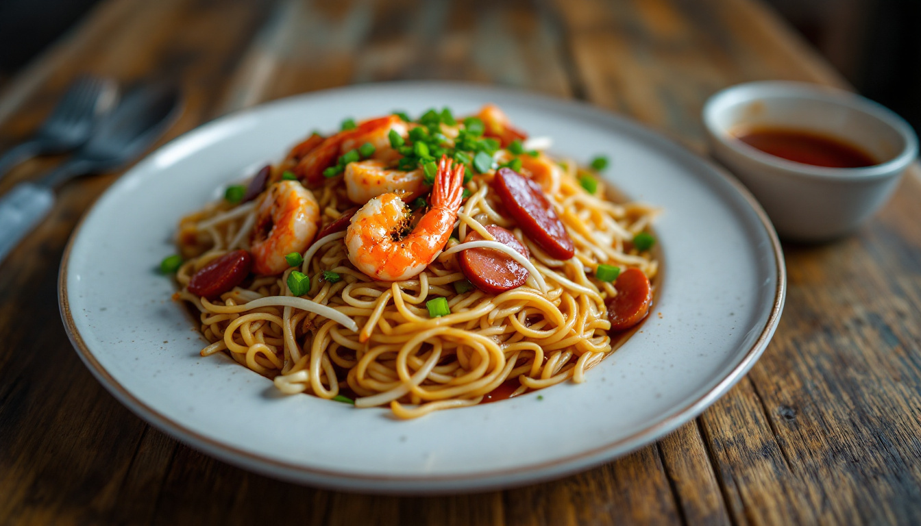 Malaysian char kway teow, smoky wok-fried flat rice noodles with prawns, cockles and chives