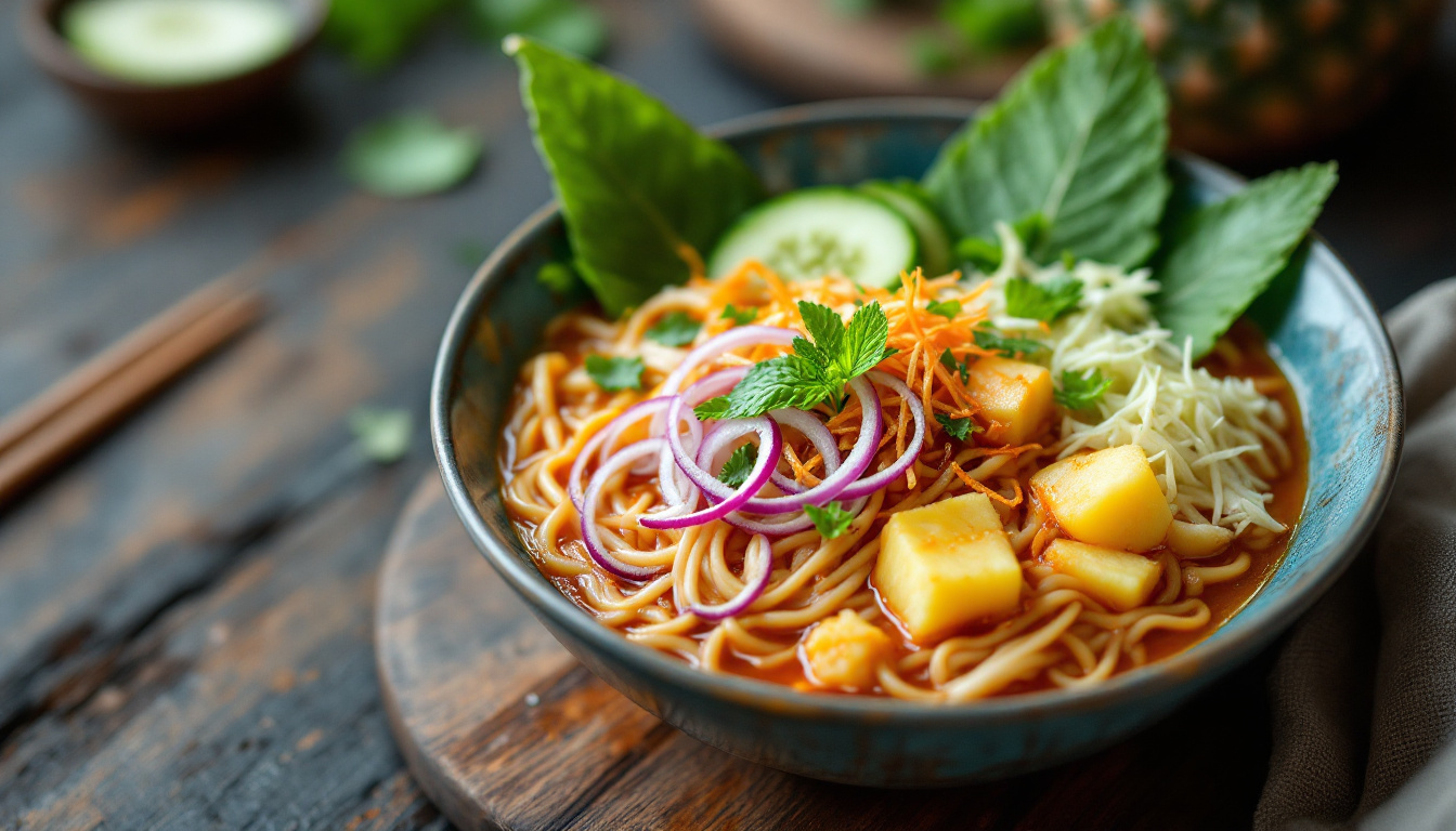 A bowl of Penang asam laksa with thick rice noodles, mackerel broth, mint, pineapple and onion