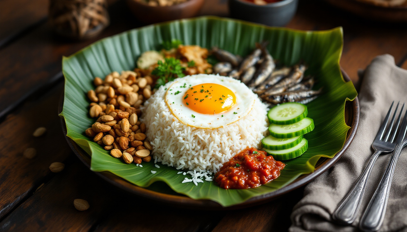 Malaysian nasi lemak with coconut rice, sambal, fried anchovies, peanuts, cucumber and egg on banana leaf