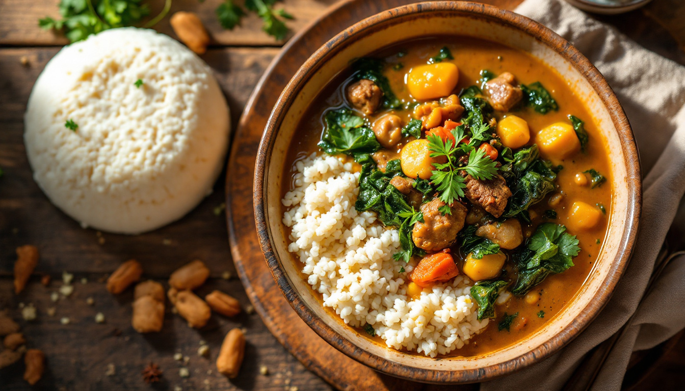 Nigerian egusi soup with a mound of smooth pounded yam