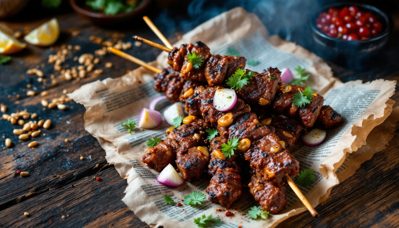 Nigerian suya, charcoal-grilled beef skewers in peanut yaji spice with onion