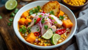 Peruvian ceviche, the best food to eat in Peru: raw fish cured in lime with red onion, sweet potato and choclo corn