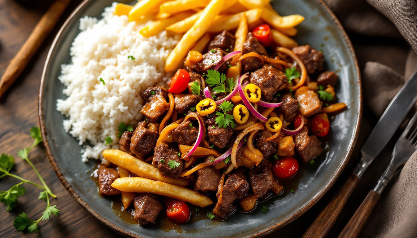 Lomo saltado, Peruvian beef stir-fry served with french fries and rice
