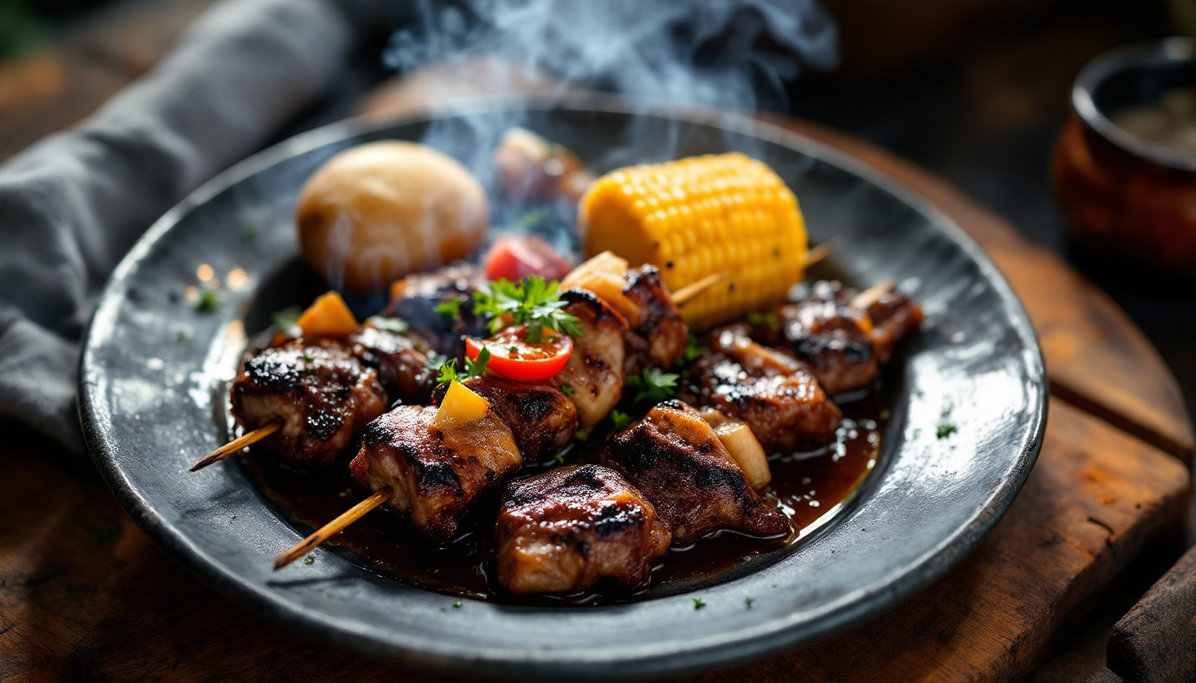 Anticuchos, grilled Peruvian beef heart skewers on a street charcoal grill