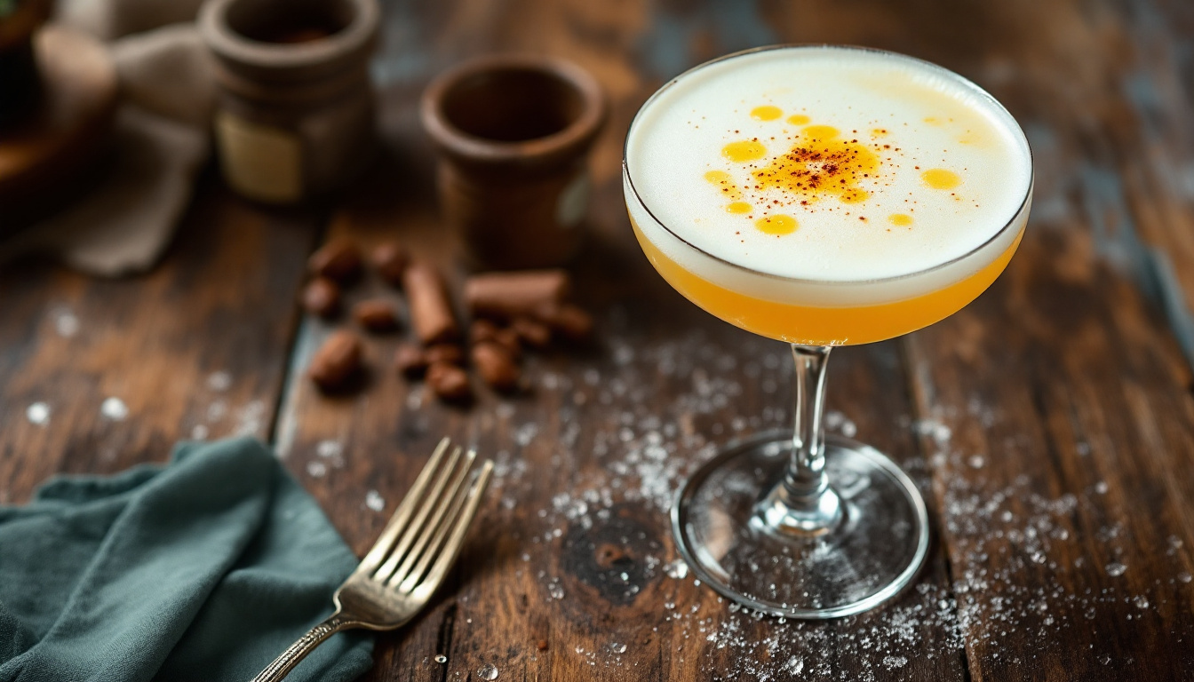 A Peruvian pisco sour cocktail with a frothy egg-white top
