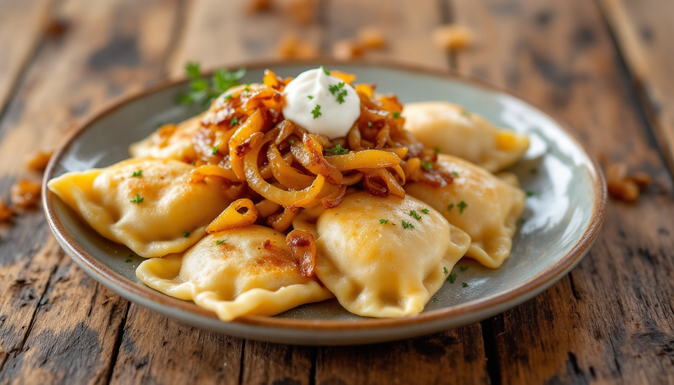 Plate of Polish pierogi ruskie pan-fried golden with fried onions and a dollop of sour cream