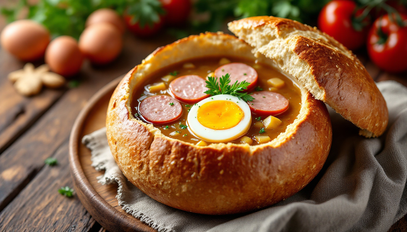 Polish zurek sour rye soup with white sausage and a halved hard-boiled egg in a bread bowl
