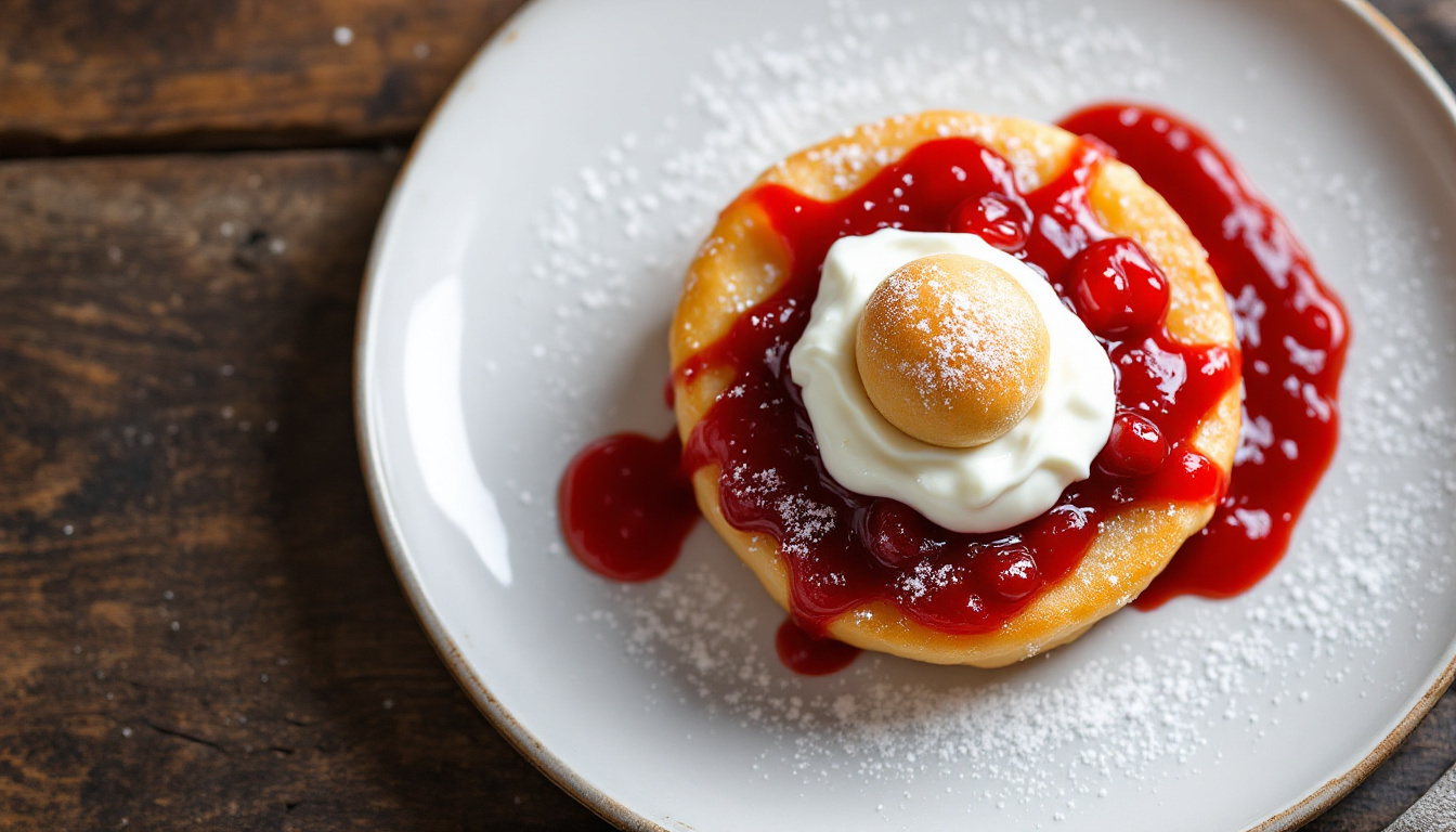 Papanasi, Romanian fried cheese doughnuts with sour cream and cherry jam