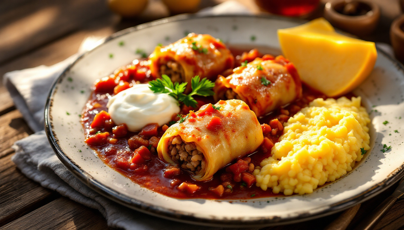Romanian sarmale, cabbage rolls with minced pork and rice, sour cream and mamaliga