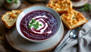 Bowl of Russian borscht with smetana and dill