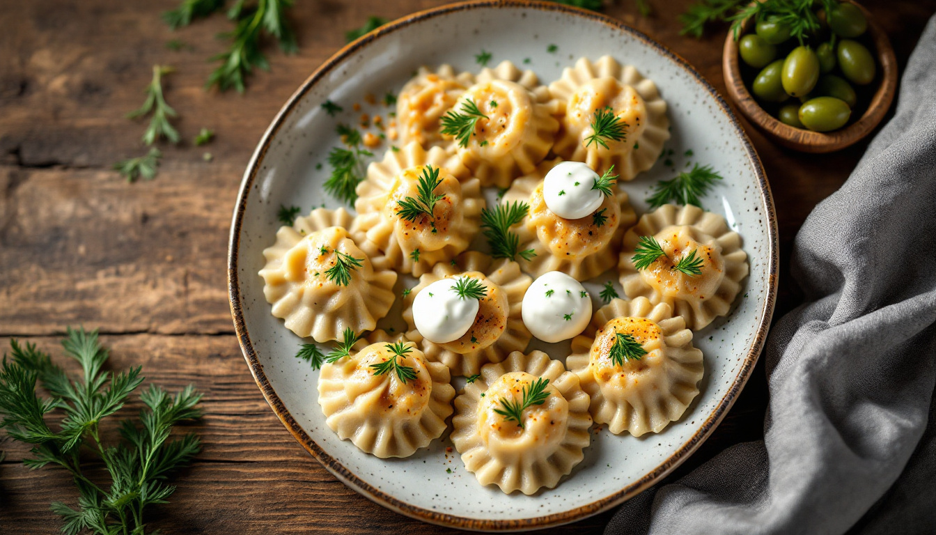Russian pelmeni dumplings with sour cream and dill