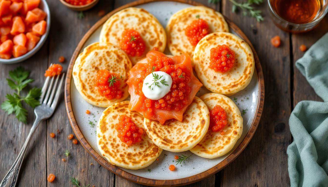Russian blini pancakes topped with red caviar and sour cream