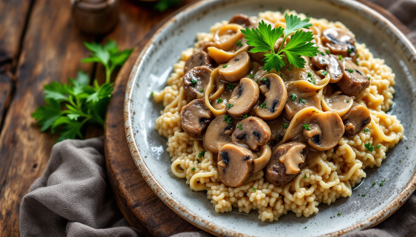 Beef Stroganoff in creamy sauce served over buckwheat kasha