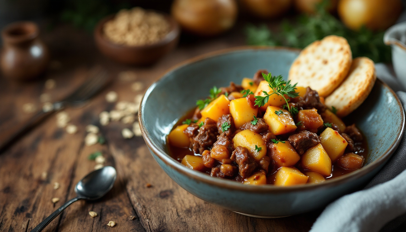 Scottish stovies, slow-cooked potatoes with onions and beef served with oatcakes