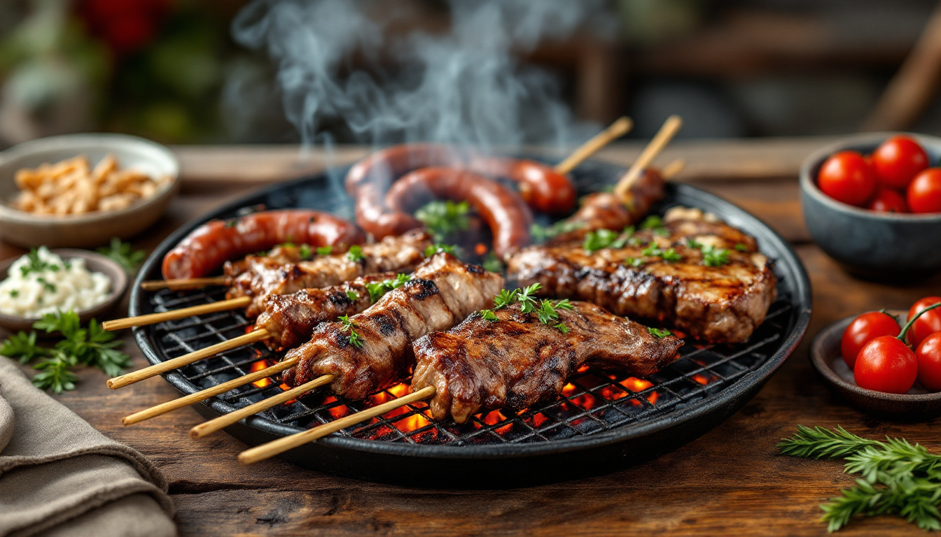 A South African braai, the best food to eat in South Africa: boerewors and sosaties grilling over wood coals