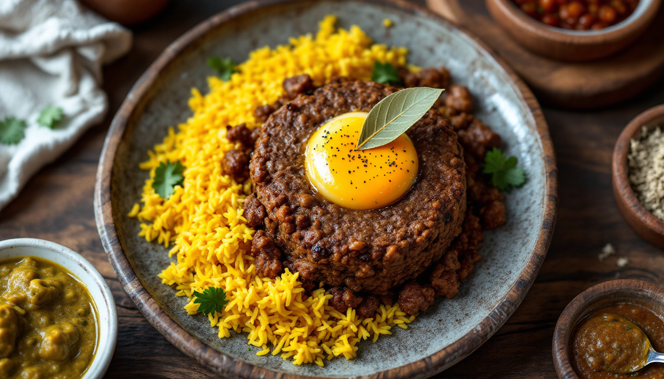 Bobotie, South African spiced mince baked under egg custard with yellow rice