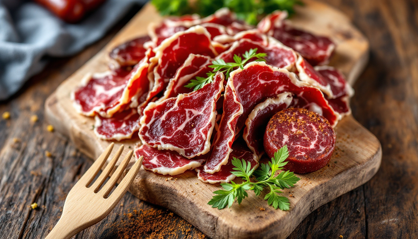 South African biltong, sliced air-dried cured beef on a wooden board