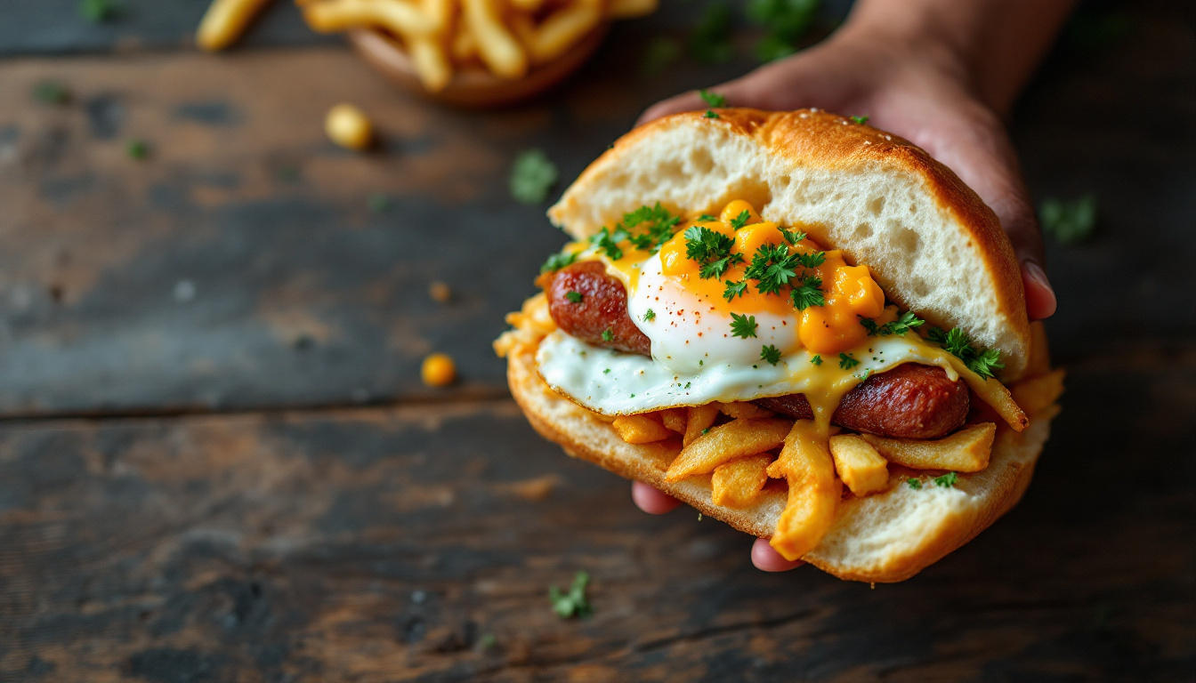 A South African kota, a quarter loaf packed with chips, polony, egg and atchar